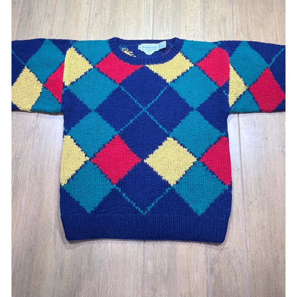 The‎ Eagle's Eye Vintage Hand Knit 100% Shetland Wool Argyle Sweater Mens Medium